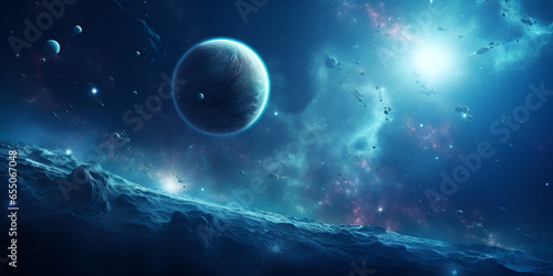 Concept art of space planets in distant cosmos Distant bluish galaxy in space stars nebulas and dark matter Conceptual Planetary Artwork Ai Generative
 