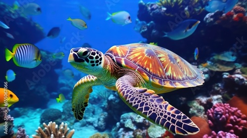 Sea Turtle in underwater world with colorful coral and small fish.