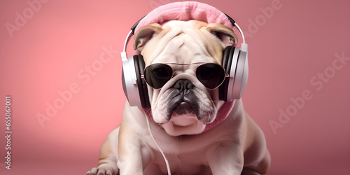  funny french bulldog and headphone Dog music stock photo bulldog listening to music and sun glasses with pink background  Ai Generative © Hafiz