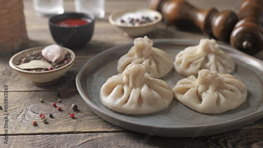 Pouring ground pepper onto hot khinkali. Traditional Georgian dumplings are served on a rustic wooden table. Pouring ground pepper onto hot khinkali. Traditional Georgian dumplings are served on a rustic wooden table.