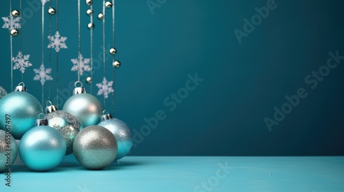 Christmas decorations on a turquoise background, banner copy space, ai generative