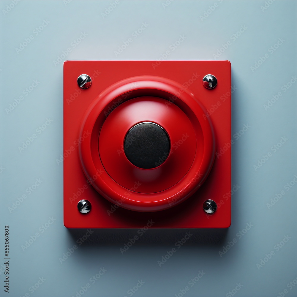 red button buzzer in black casing isolated on plain gray studio wall - obrazy, fototapety, plakaty 