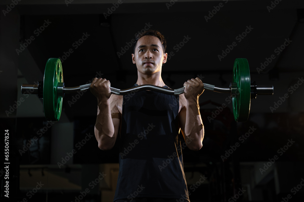 handsome muscular asian young man weight lifting with barbell strong bicep exercise at modern gym, active fitness people workout functional training for body and mental health in dark sport club handsome muscular asian young man weight lifting with barbell strong bicep exercise at modern gym, active fitness people workout functional training for body and mental health in dark sport club