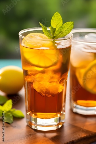Ice Lemon Tea in a tall glass on white background, professional Drink Photography 