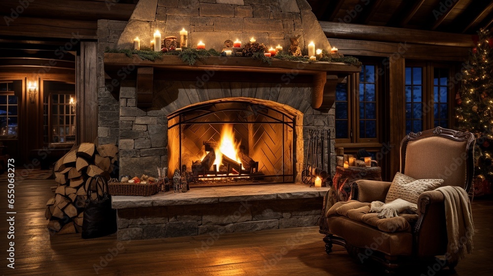 Fireplace with Christmas ornaments. Open storybook lying on a wooden bench by the fireside. Cozy relaxed magical atmosphere in a chalet house decorated for Christmas. Holiday concept. Fireplace with Christmas ornaments. Open storybook lying on a wooden bench by the fireside. Cozy relaxed magical atmosphere in a chalet house decorated for Christmas. Holiday concept.