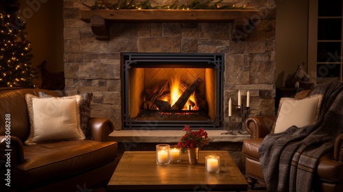 Fireplace with Christmas ornaments. Open storybook lying on a wooden bench by the fireside. Cozy relaxed magical atmosphere in a chalet house decorated for Christmas. Holiday concept. 
