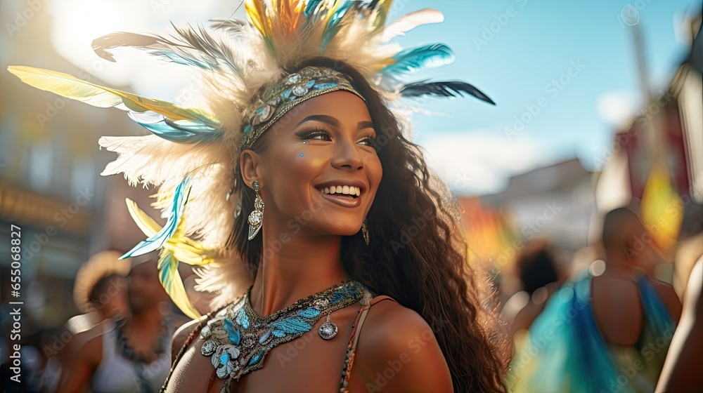 Beautiful samba dancer performs at carnival with band Beautiful samba dancer performs at carnival with band