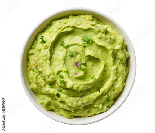 Bowl with guacamole isolated on transparent background, top view