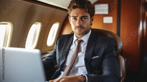 Businessman on private Jet, Handsome businessman in suit using laptop in private plane. © visoot