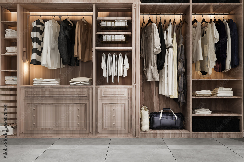 3d rendering minimal scandinavian wood walk in closet with wardrobe - obrazy, fototapety, plakaty 