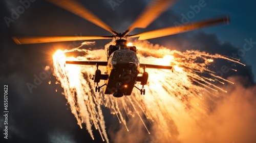 Attack helicopter firing flares, Military helicopter firing a series of flares in a defensive manoeuvre.