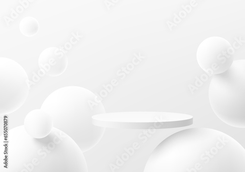 Abstract 3D white cylinder pedestal podium background with bounce sphere balls on clean wall scene. Minimal mockup or product display presentation, Stage showcase. Platforms vector geometric design.