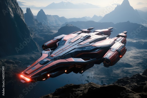 Fototapeta Naklejka Na Ścianę i Meble -  Red spaceship on it beautiful landscape.