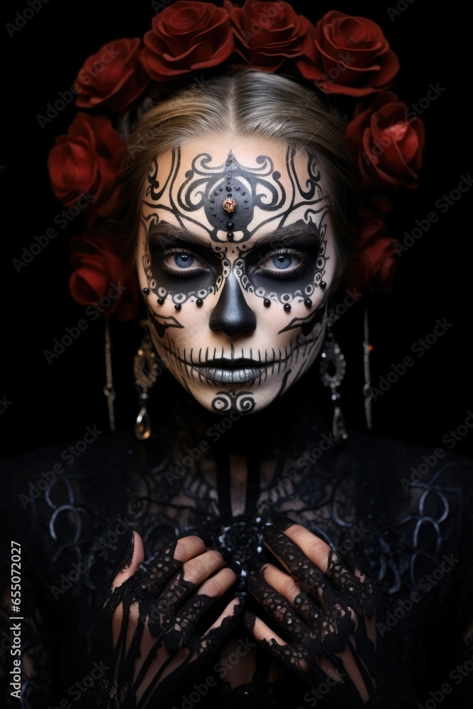 Woman with makeup is a skull on a black background. Woman with makeup is a skull on a black background.