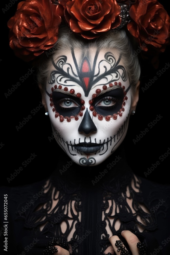 Woman with makeup is a skull on a black background.