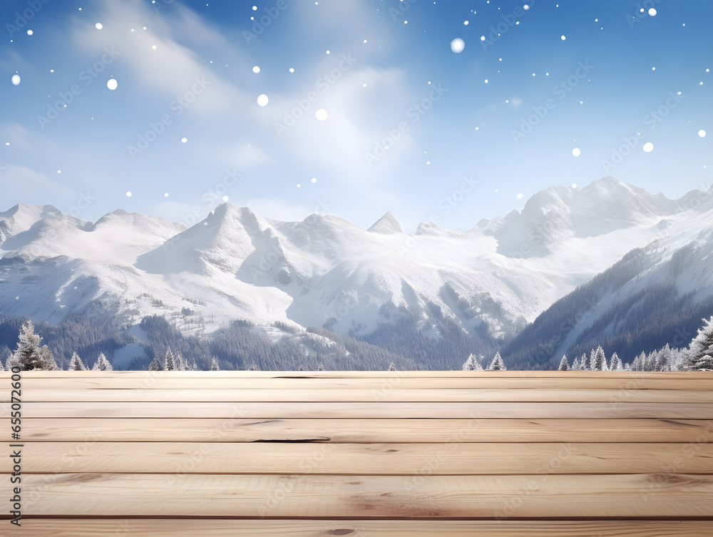 Wooden Table with White Snow Mountain Background