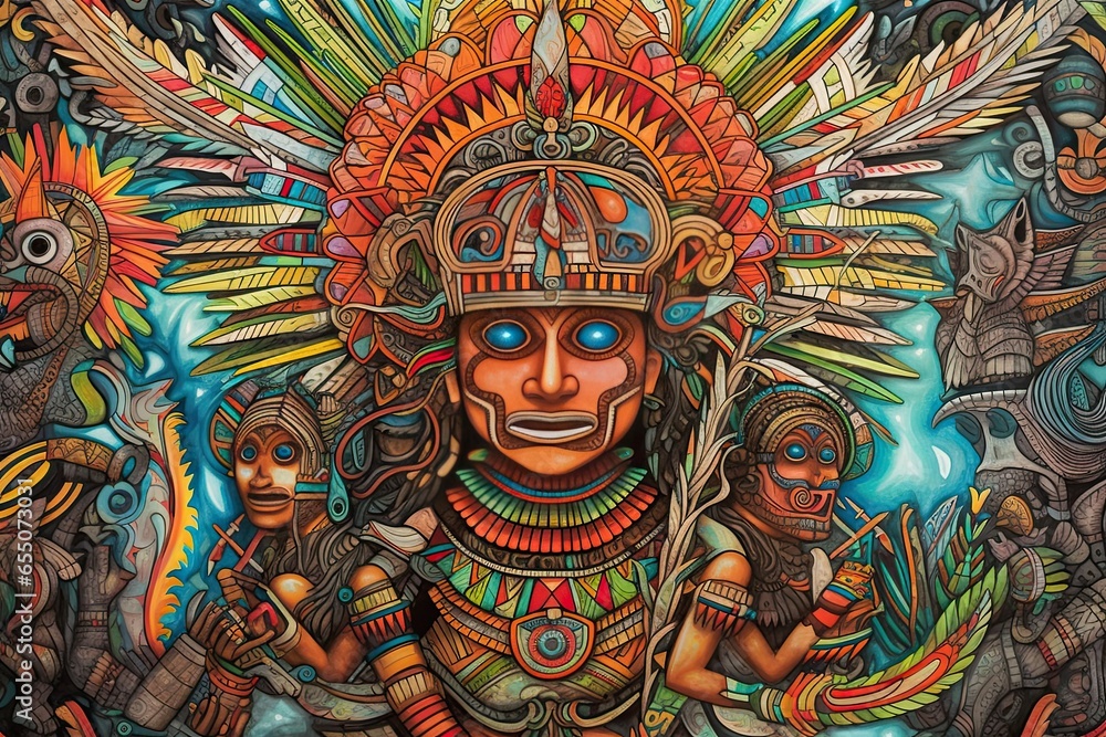 Vibrant Aztec Mural: Ancient Mythology, Intricate Patterns, and Vivid Colors in Stunning Drawings, generative AI