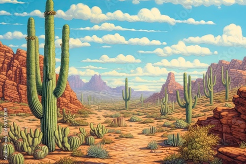 Resilient Adaptation: Drawing a Desert Landscape with Towering Cacti, generative AI