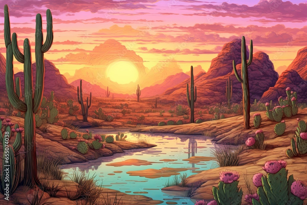 Cactus Drawing: Capturing the Majestic Desert Oasis and Vibrant Sunset, generative AI
