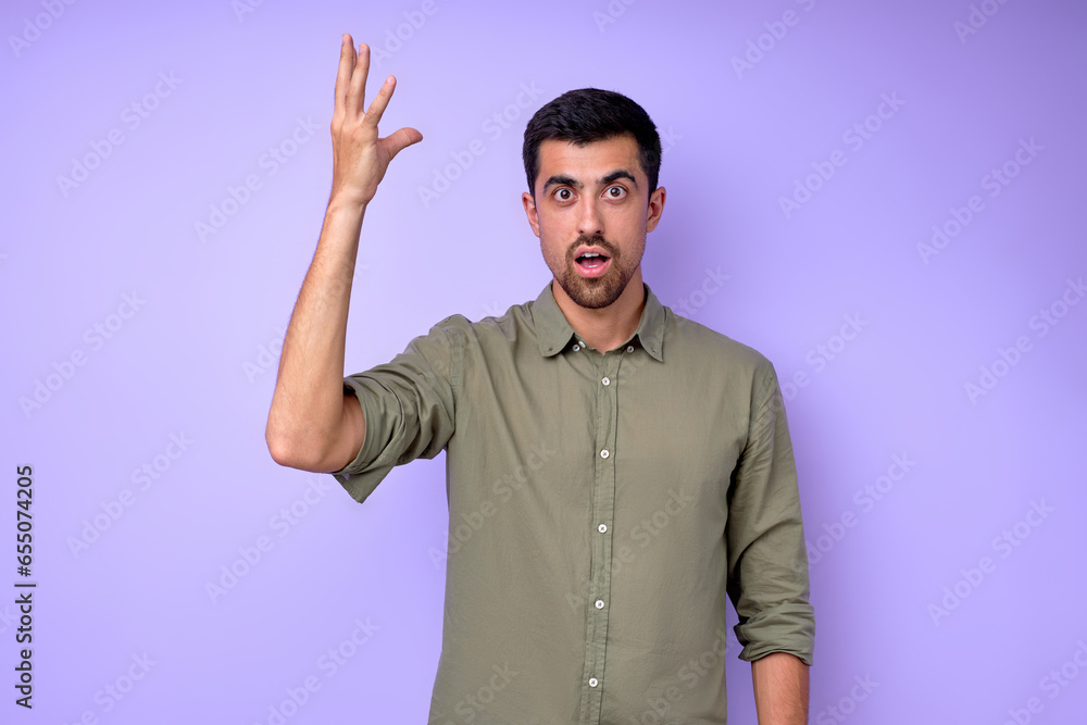 shocked surprised bearded man with raised arm expressing his feeling emotions close up portrait isolated blue background studio shot shocked surprised bearded man with raised arm expressing his feeling emotions close up portrait isolated blue background studio shot