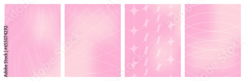 Y2k aesthetic aura gradient poster set with geometric shapes, wireframe grids. Soft pink color. Trendy nostalgia vector illustration background.  