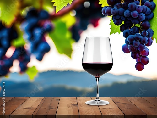 Red wine in a wine glass and ripe grapes on a wooden table. Generative Ai. photo