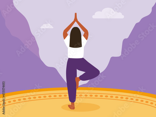 Mindfulness yoga practice. Woman practicing tree pose in peaceful environment. Mindful movement, wellness illustration concept.