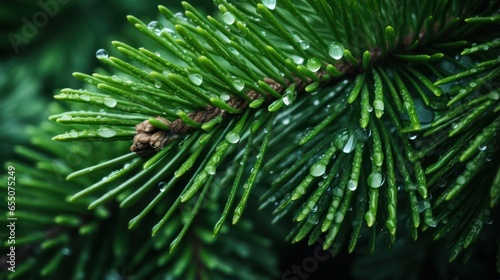 Close-up of a spruce branch with drops after rain.