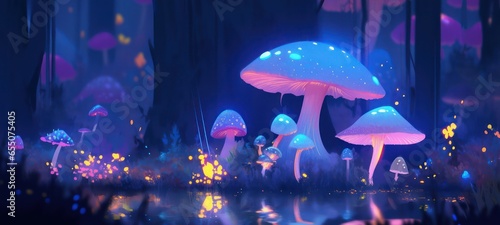 Colorful glowing mushrooms in a mystical forest in digital art painting concept 