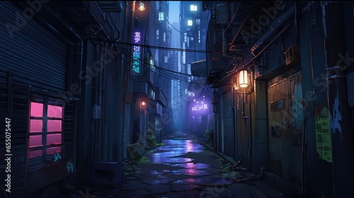 Dark street in cyberpunk city gloomy alley with neon glowing city wallpaper background 