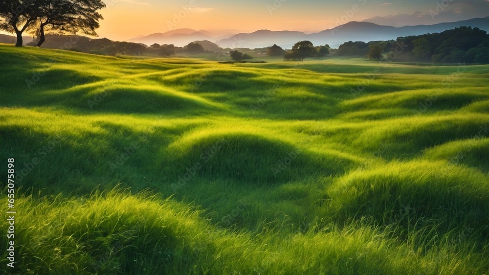 A lush green field with a lone tree in the foreground, and mountains in the distance. The sun is setting, and the grass is blowing in the wind. A peaceful and serene scene.