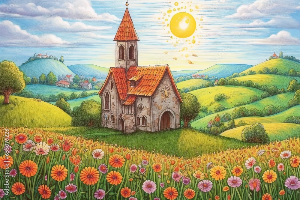 Charming Church in Picturesque Countryside: Nestled among Rolling Hills, Surrounded by Blooming Fields and Blue Skies, generative AI