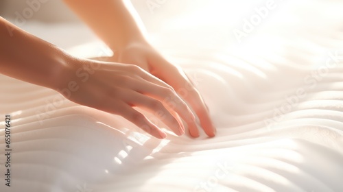 Woman hand touching soft light mattress
