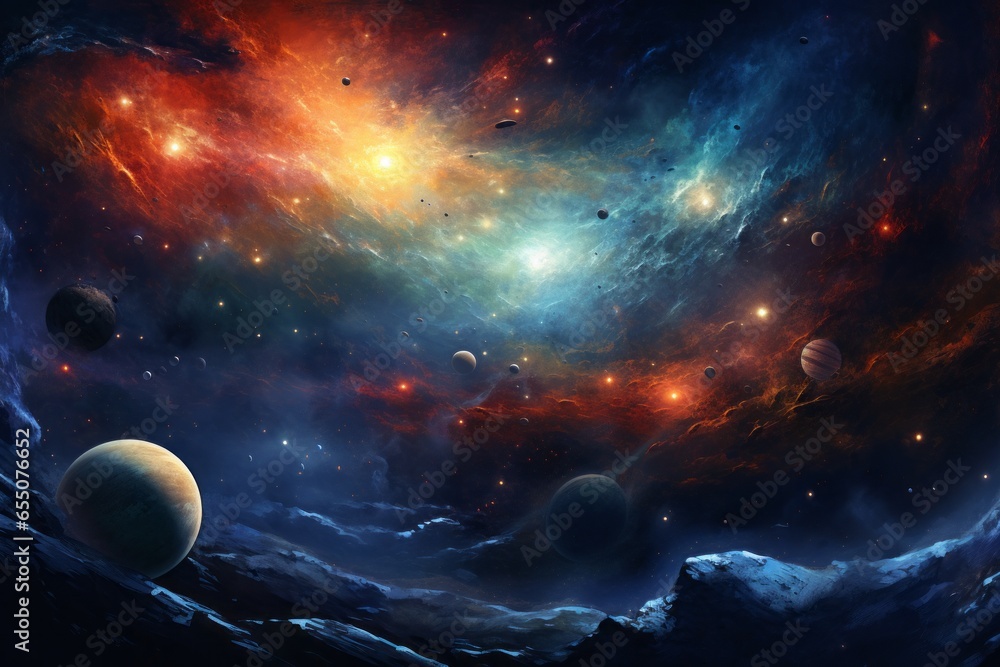 A celestial background with planets, stars, and cosmic dust, depicting the wonders of the universe.