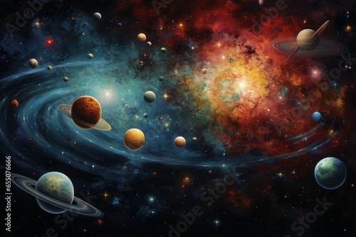 A celestial background with planets, stars, and cosmic dust, depicting the wonders of the universe.