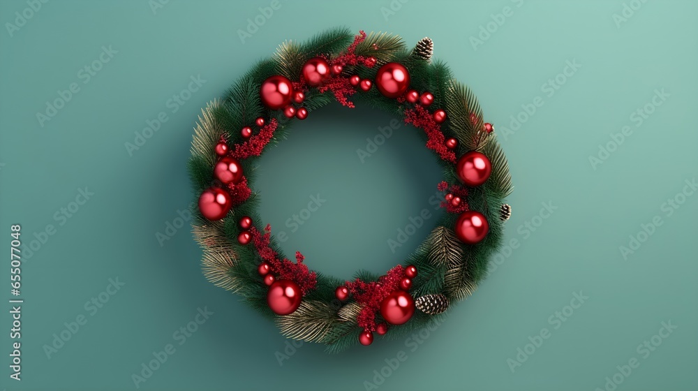 red ornaments on christmas wreath with a light forest green background red ornaments on christmas wreath with a light forest green background