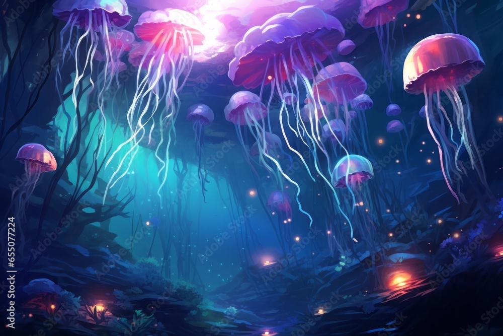 A surreal underwater scene with floating jellyfish and luminescent sea creatures.
