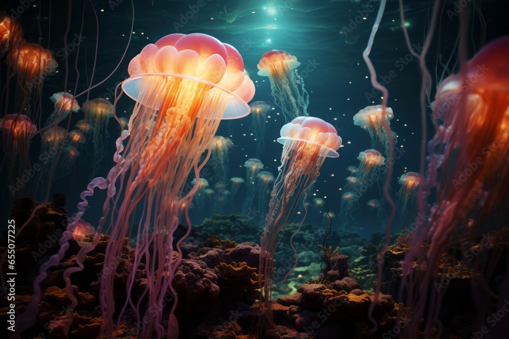 A surreal underwater scene with floating jellyfish and luminescent sea creatures. A surreal underwater scene with floating jellyfish and luminescent sea creatures.