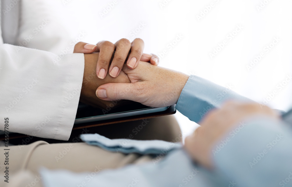Fototapeta premium Hospital, holding hands and doctor with patient for care, comfort and empathy for diagnosis news. Healthcare consulting, clinic and health worker with person for support, wellness and medical results