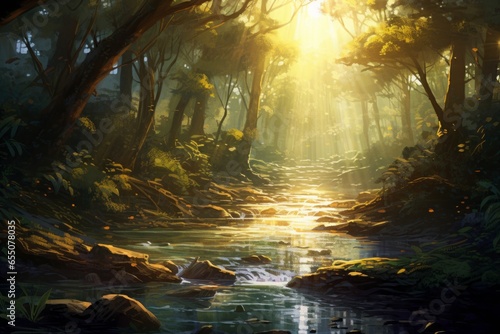 A tranquil river flowing through a lush forest  with rays of sunlight breaking.