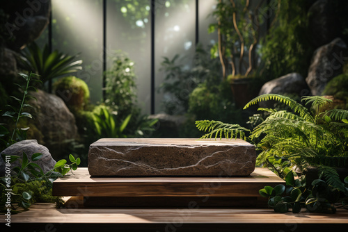 Natural rock stone podium for product display in front of the forest generative by ai