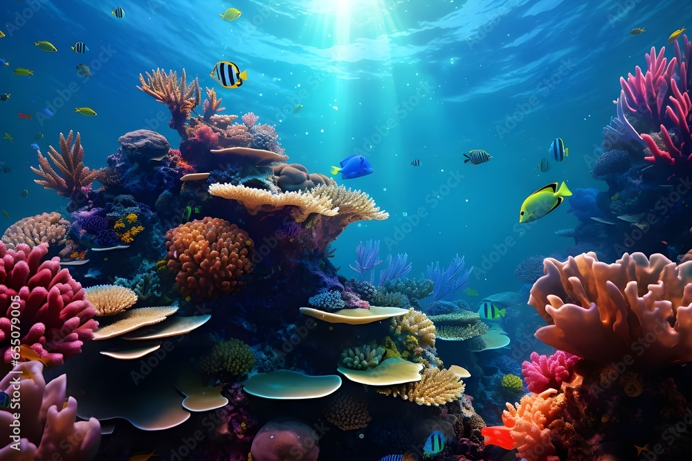 A captivating underwater shot of a vibrant coral reef teeming with marine life.
