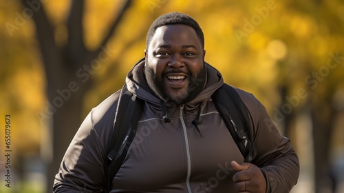 A chubby black man exercising, and a healthy jogger walking in a city park.