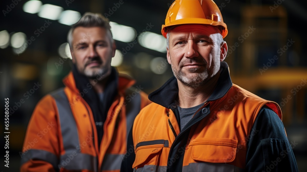 Factory workers, engineers, managers, and foremen stand in a heavy industrial plant. Factory workers, engineers, managers, and foremen stand in a heavy industrial plant.