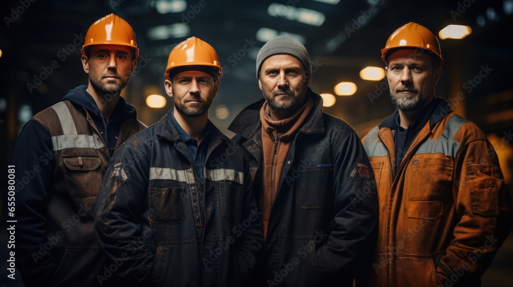 Factory workers, engineers, managers, and foremen stand in a heavy industrial plant. Factory workers, engineers, managers, and foremen stand in a heavy industrial plant.