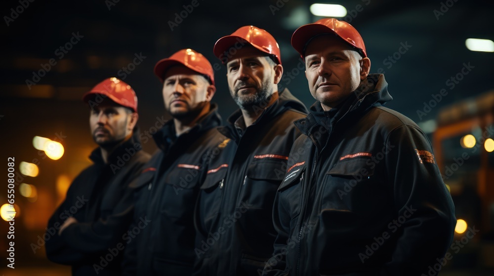 Fototapeta premium Factory workers, engineers, managers, and foremen stand in a heavy industrial plant.