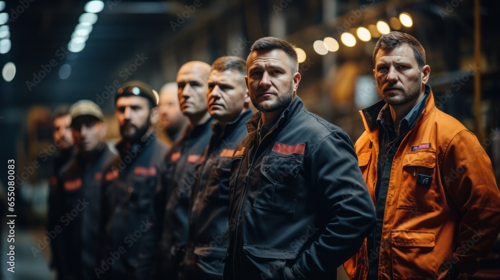 Factory workers, engineers, managers, and foremen stand in a heavy industrial plant.