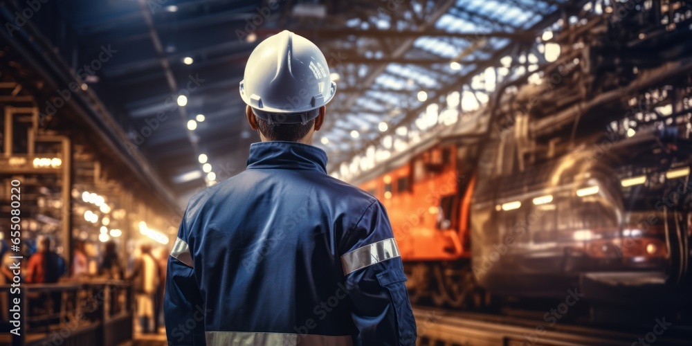 an engineer technician watching a team of workers on a tall steel platform. Engineer technicians are looking at and analyzing unfinished construction projects.