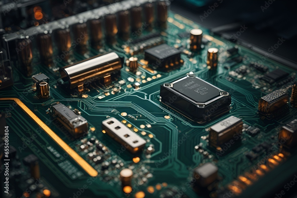 a futuristic circuit board with interconnected geometric components. a futuristic circuit board with interconnected geometric components.