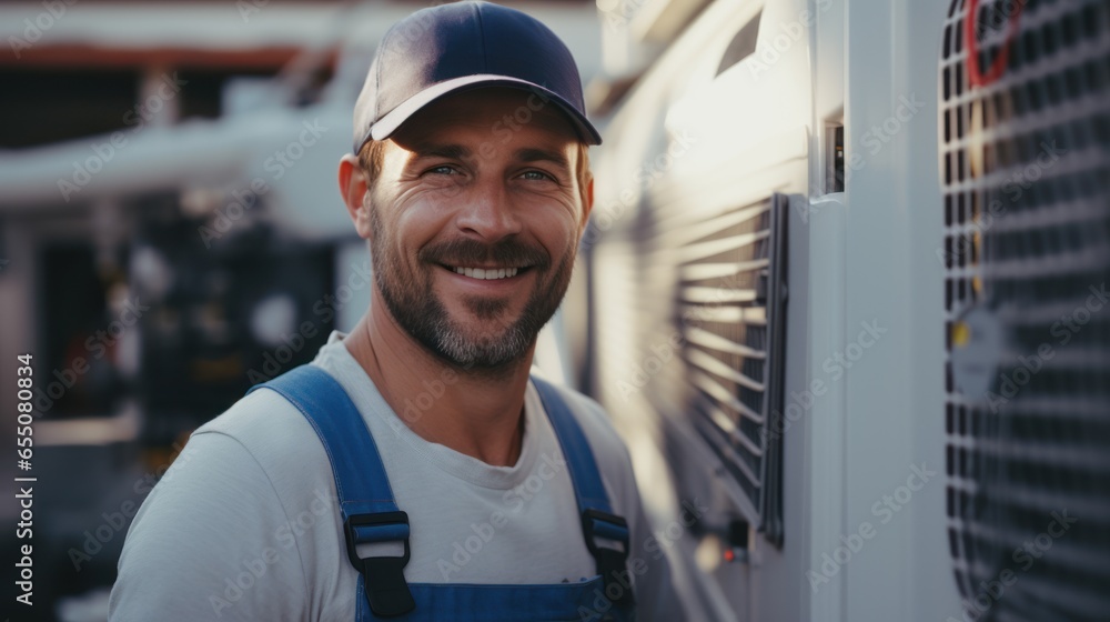 A Male electrician giving a thumbs up Air conditioner repairman working from home A Male electrician giving a thumbs up Air conditioner repairman working from home
